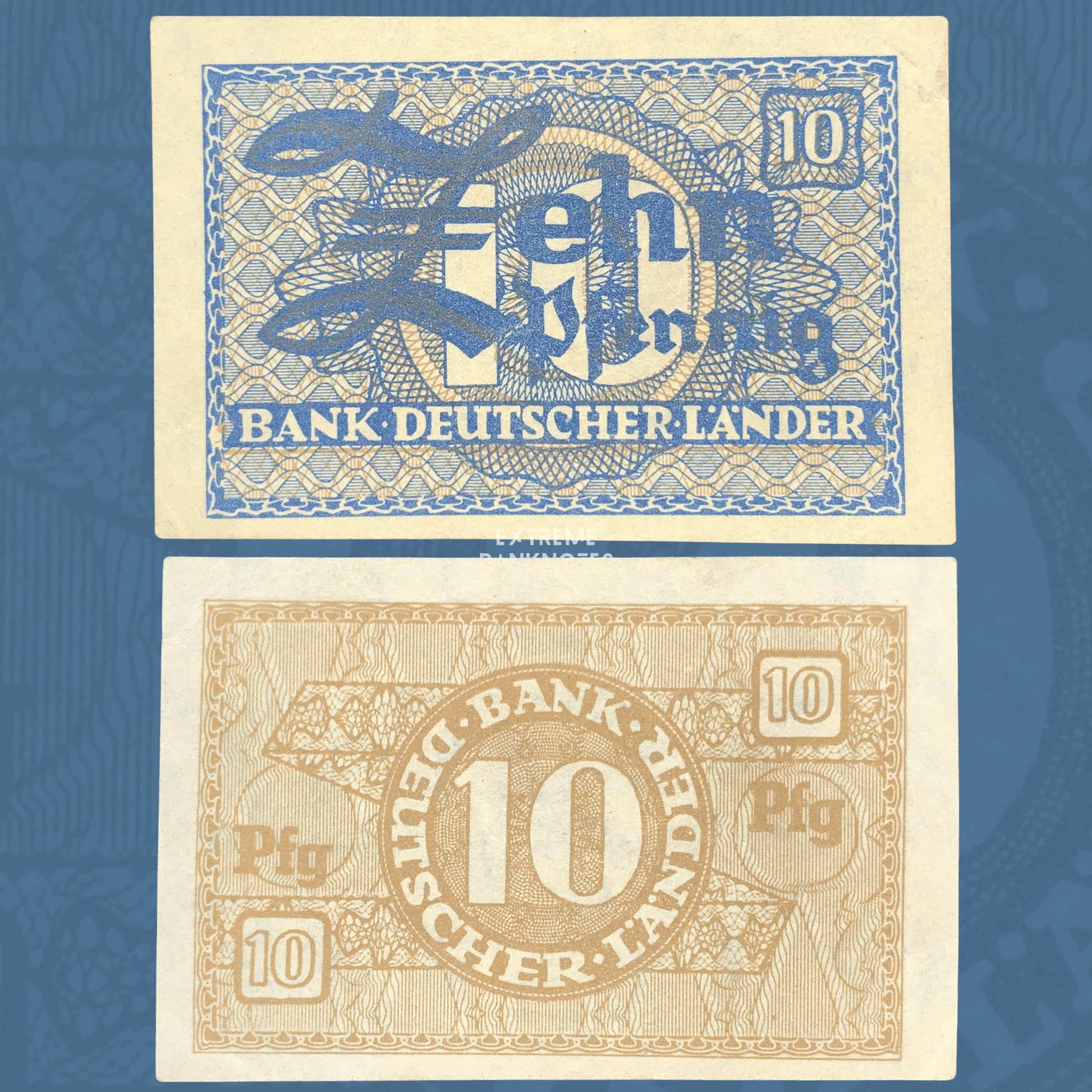 Authentic Germany 10 Pfennig banknote from 1948 issued by Bank Deutscher Länder, featuring intricate blue and brown guilloche patterns, bold denomination design, and post-war emergency currency styling. Front and reverse shown on a blue numismatic background.