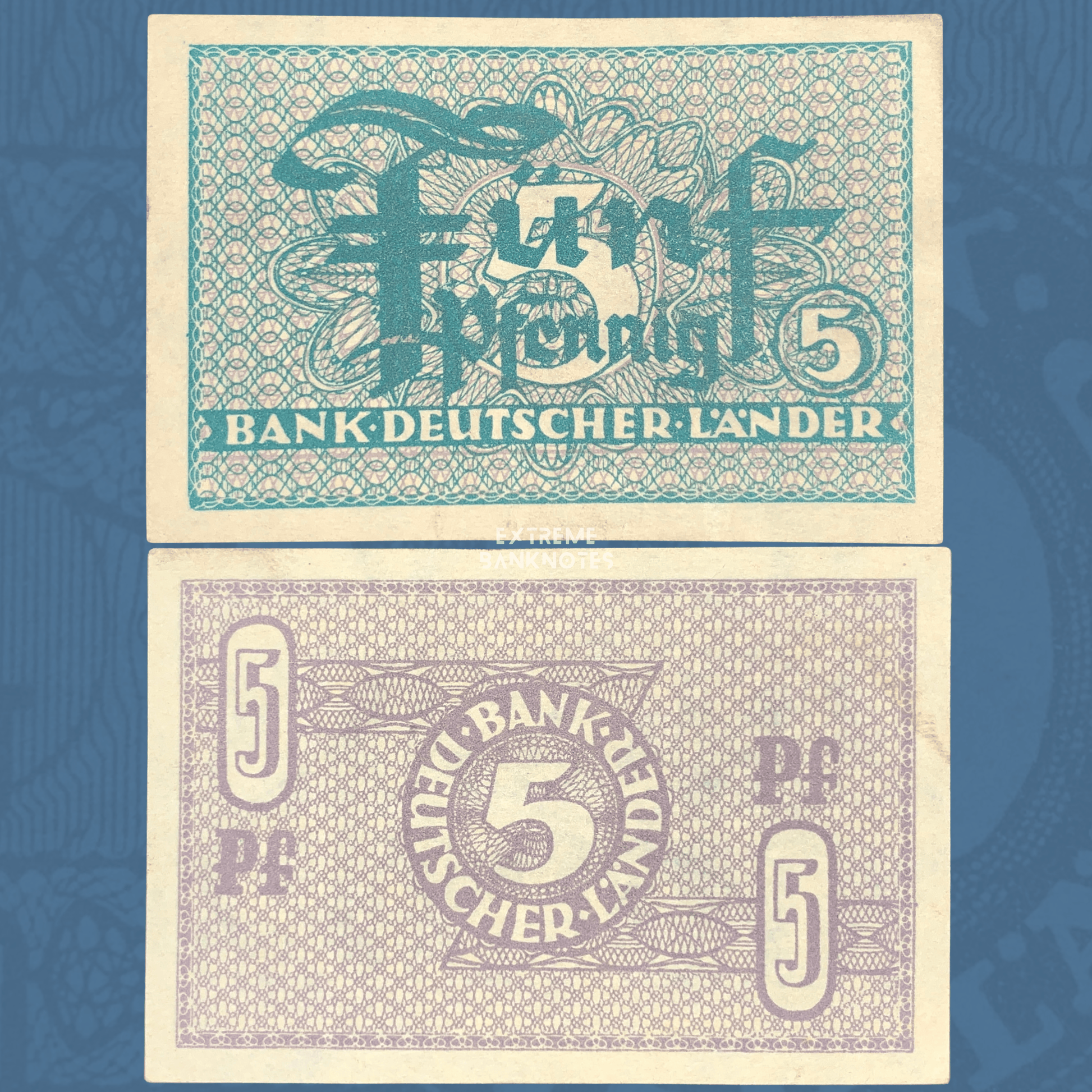 Genuine Germany 5 Pfennig banknote from 1948 issued by Bank Deutscher Länder, displaying detailed turquoise and purple security patterns, ornate typography, and compact post-war German currency design. Front and reverse presented on a blue collector-themed background.