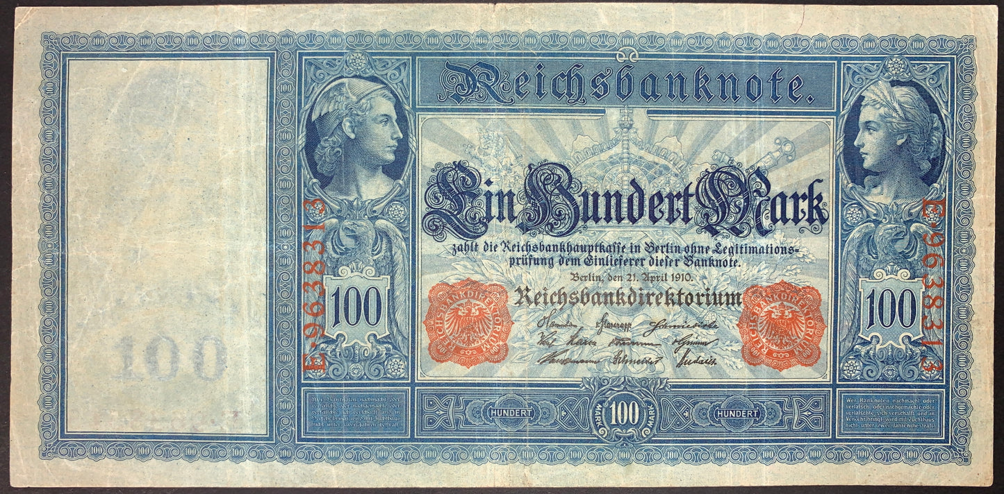 front of Germany 100 Mark 1910 P-42 F collectible vintage banknote with portraits of Mercury and Ceres