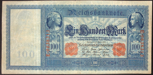 front of Germany 100 Mark 1910 P-42 F collectible vintage banknote with portraits of Mercury and Ceres