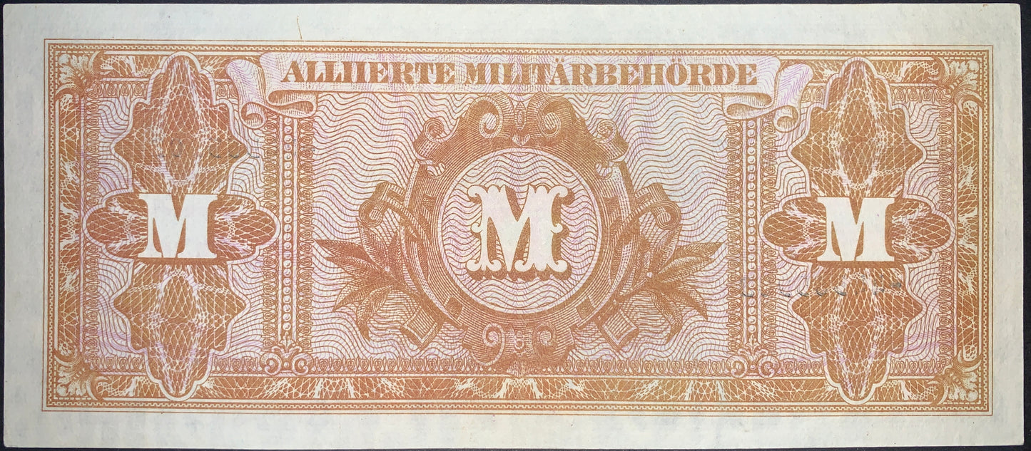 Reverse of Germany Allied Military Currency 100 Marks banknote from 1944, Pick 197d, Very Fine condition. Brown engraved Military Government design with ornate guilloche security patterns and central emblem.