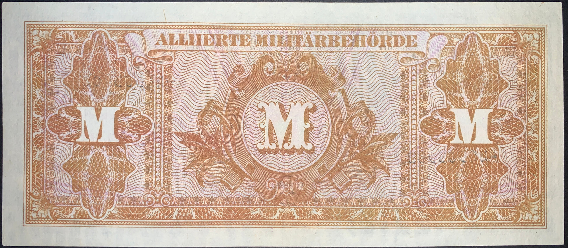 Reverse of Germany Allied Military Currency 100 Marks banknote from 1944, Pick 197d, Very Fine condition. Brown engraved Military Government design with ornate guilloche security patterns and central emblem.
