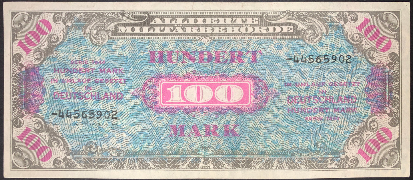 Germany Allied Military Currency 100 Marks banknote issued in 1944, Pick 197d, Very Fine condition. Blue and pink engraved security design with large central denomination and crisp paper quality. Historic post-war German occupation currency.