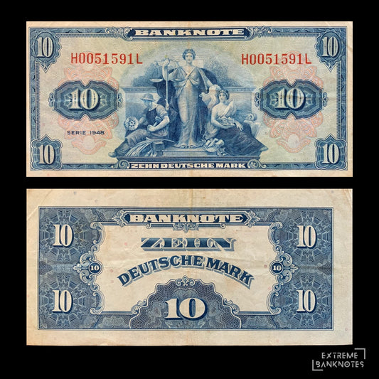 Germany 10 Deutsche Mark 1948 P-5a VF – front and back