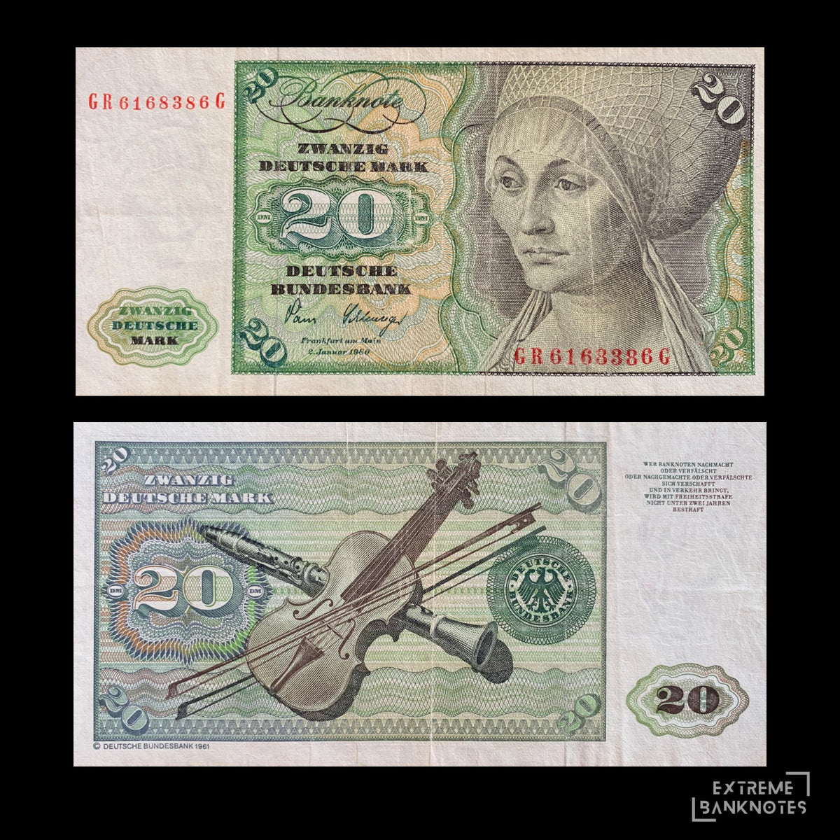 Germany 20 Deutsche Mark 1980 P-32d VF – front and back