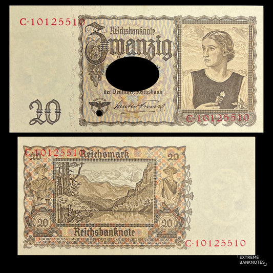 Germany 20 Reichsmark 1939 P-185 AUNC banknote – front with a woman holding an edelweiss, back with Lake Gosau and the Dachstein