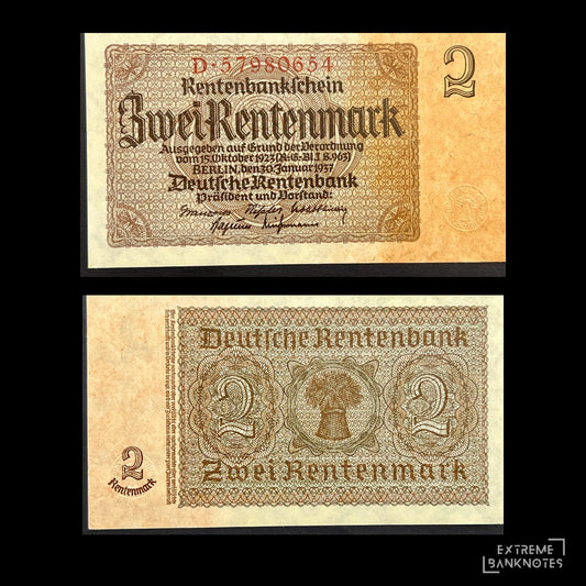 Front and reverse view of a crisp, vintage 1937 Germany 2 Rentenmark banknote featuring classic gothic typography and intricate geometric borders.
