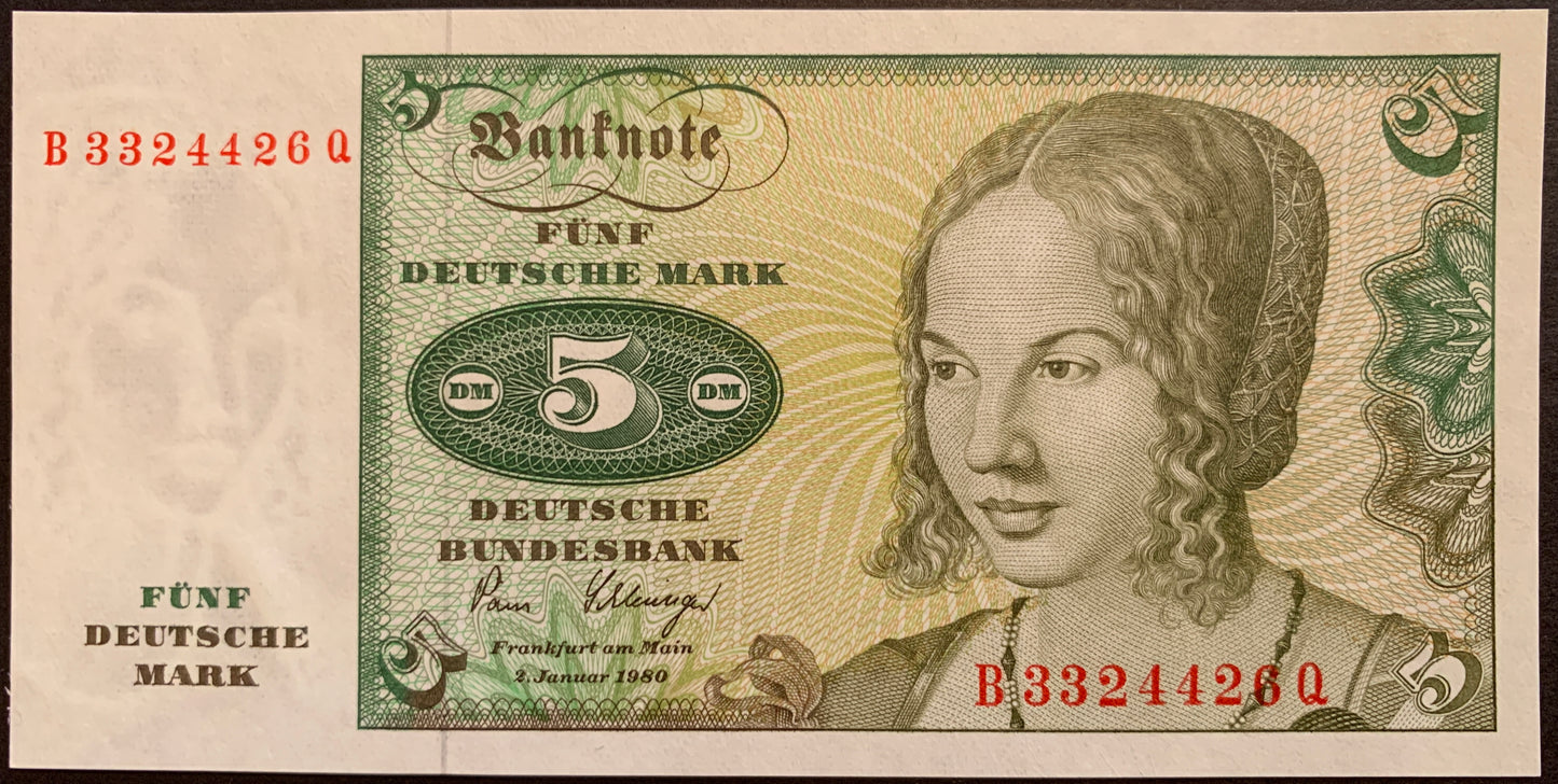 front of Germany 5 Deutsche Mark 1980 P-30b UNC collectible banknote with portrait of woman