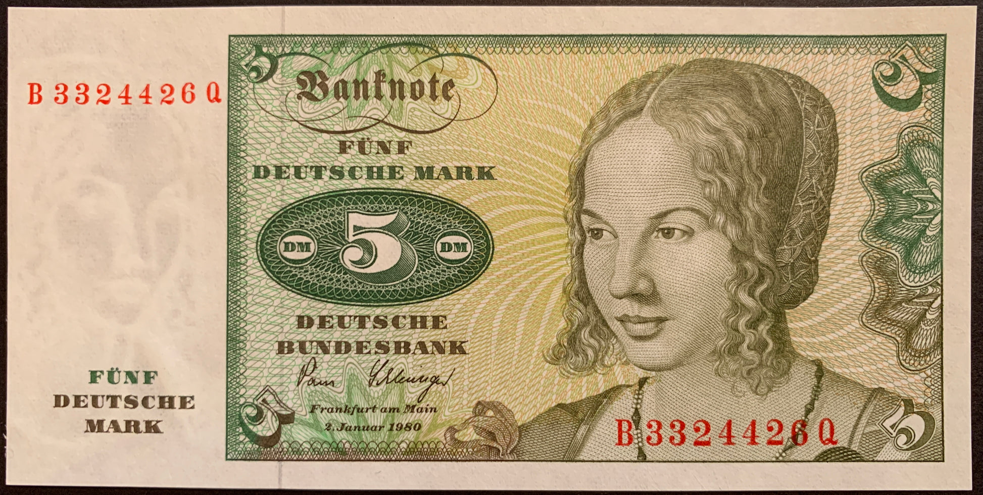 front of Germany 5 Deutsche Mark 1980 P-30b UNC collectible banknote with portrait of woman