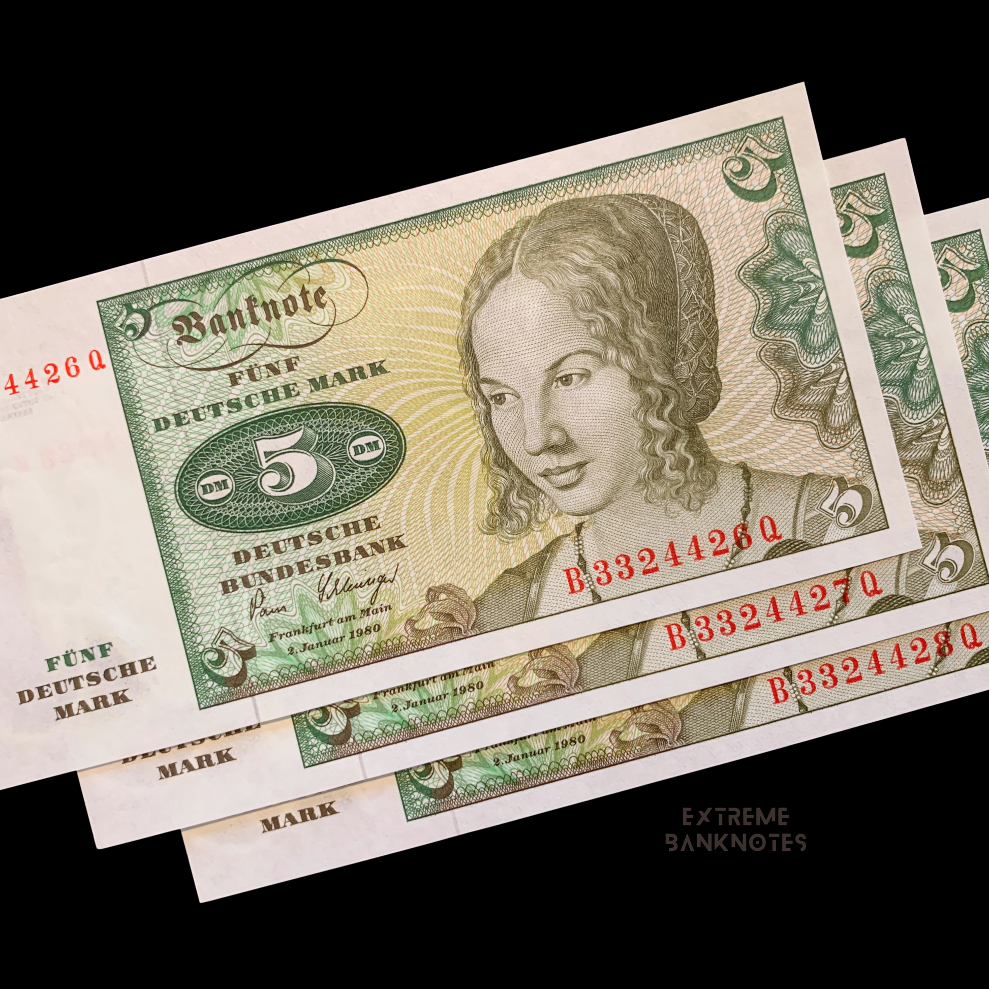 consecutive serial numbers Germany 5 Deutsche Mark 1980 P-30b UNC Consecutive Serial Numbers