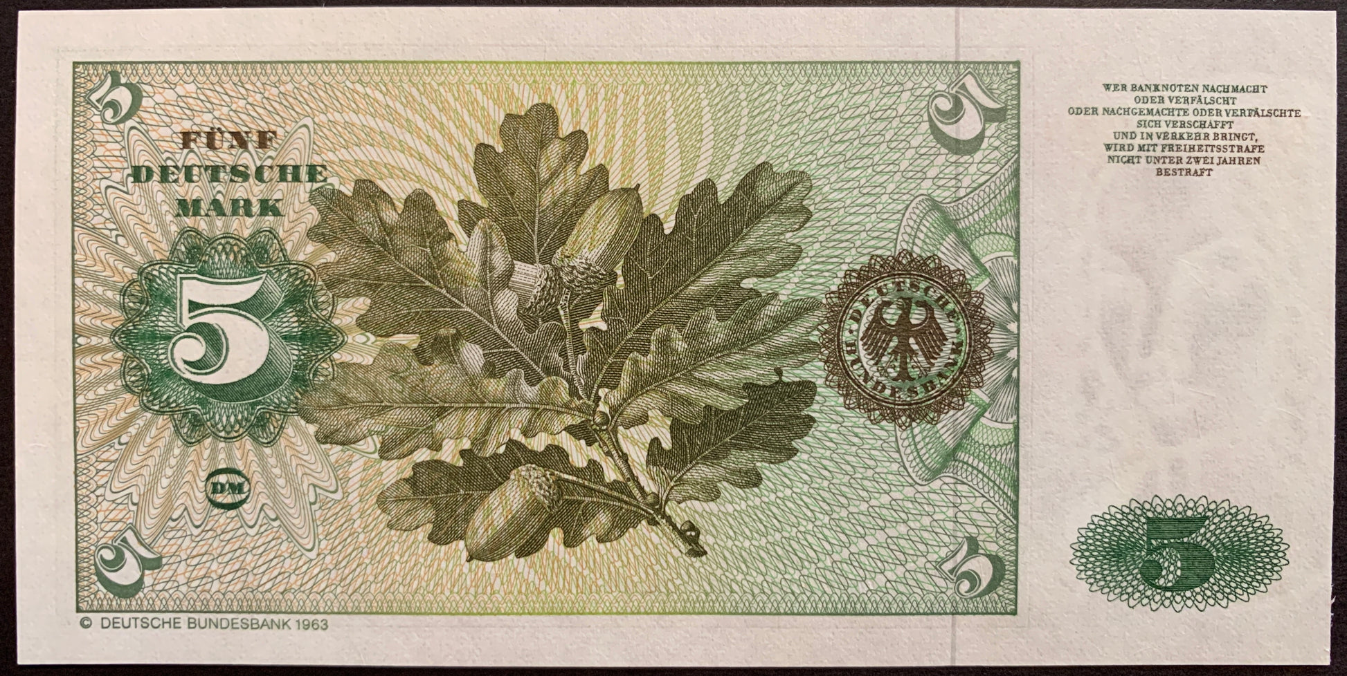 back of Germany 5 Deutsche Mark 1980 P-30b UNC collectible banknote with oak leaves and acorns