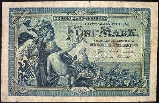 front of Germany 5 Mark 1904 P-8a F- collectible vintage banknote with  Allegorical figure of Germania and a boy with dove