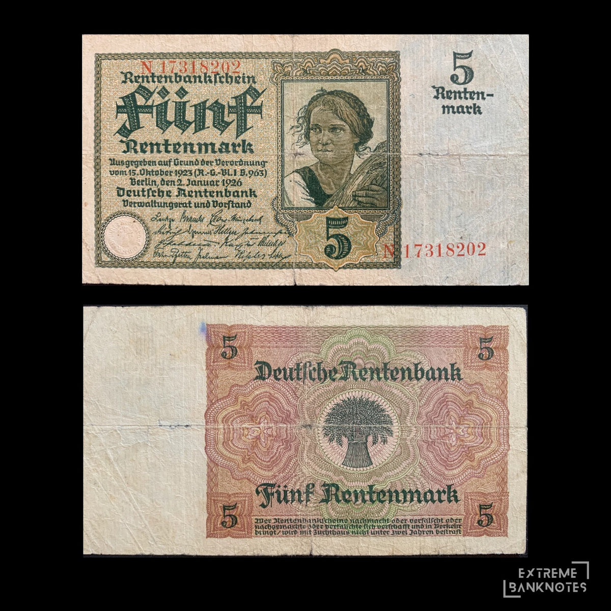 Germany 5 Rentenmark 1926 P-169 VG – front and back