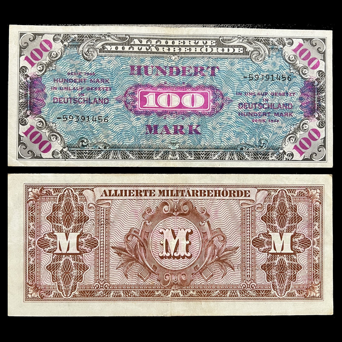 Germany 100 Mark 1944 P-197d VF Allied Military Currency banknote – front with violet 100 on blue guilloche, back with three M cartouches