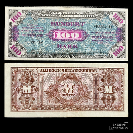 Germany 100 Mark 1944 P-197d VF Allied Military Currency banknote – front with violet 100 on blue guilloche, back with three M cartouches