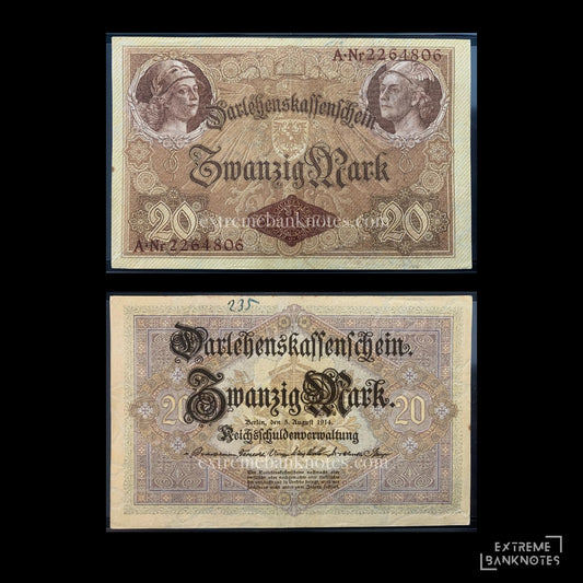 Germany Darlehenskassenschein 20 Mark 1914 P-48b XF – front and back