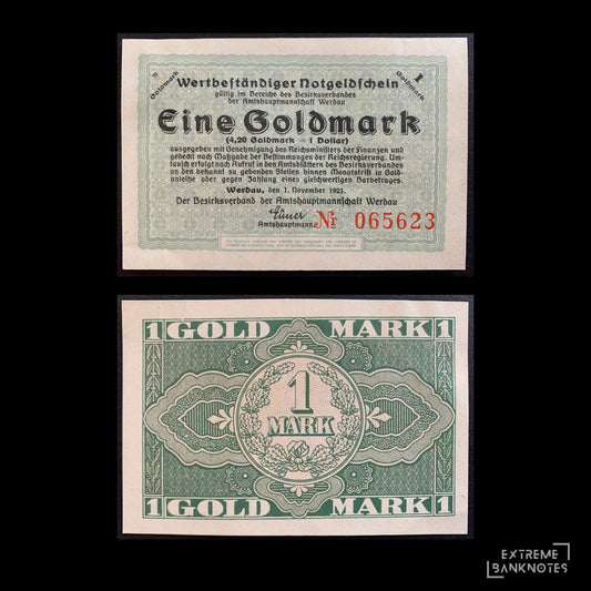 Germany, Werdau 1 Goldmark notgeld 1923 AUNC – front and back
