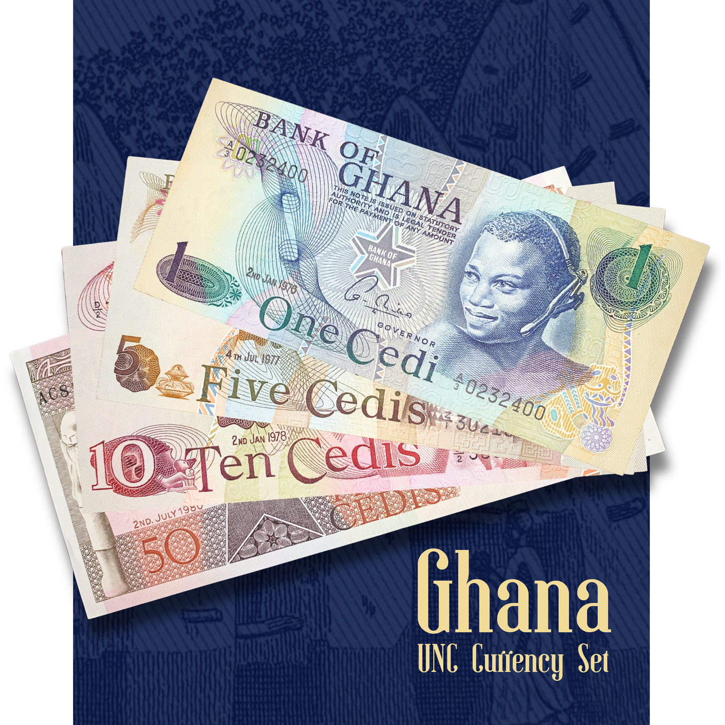 Ghanaian currency notes including 1 Cedi, 5 Cedis, 10 Cedis, and 50 Cedis on a blue background with 'Ghana UNC Currency Set' text.