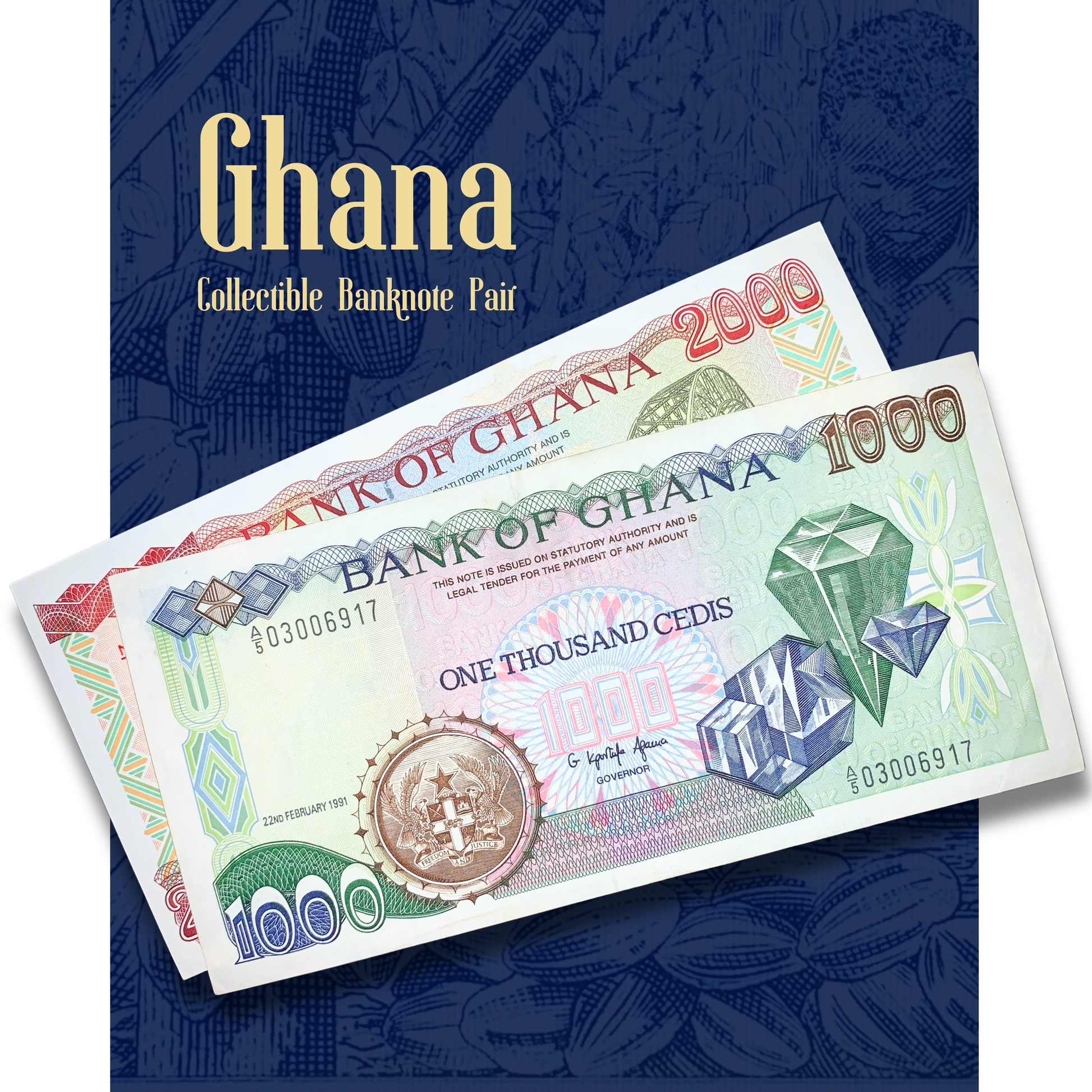 Two Ghanaian banknotes with 'Ghana' text on a blue background