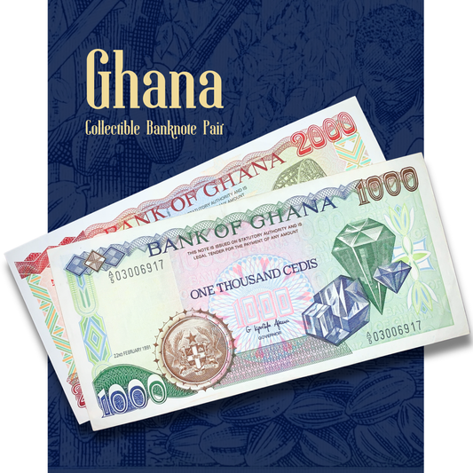 Two Ghanaian banknotes with 'Ghana' text on a blue background