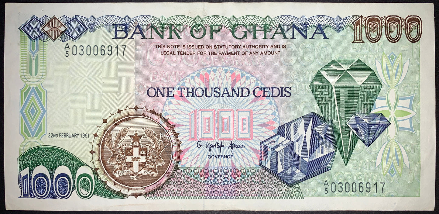 front of Ghana 1000 Cedis 1991 P-29a XF collectible vintage african banknote with diamonds