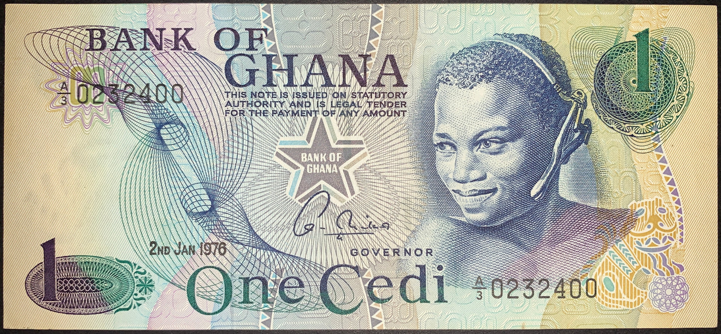 front of Ghana 1 Cedi 1976 P-13c collectible vintage african banknote with headset