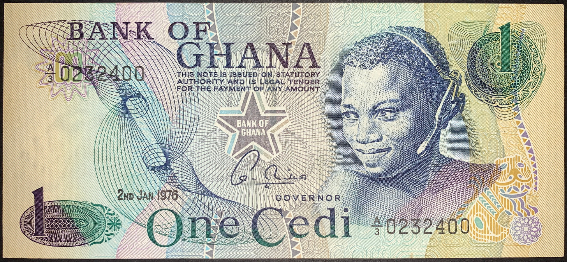 front of Ghana 1 Cedi 1976 P-13c collectible vintage african banknote with headset