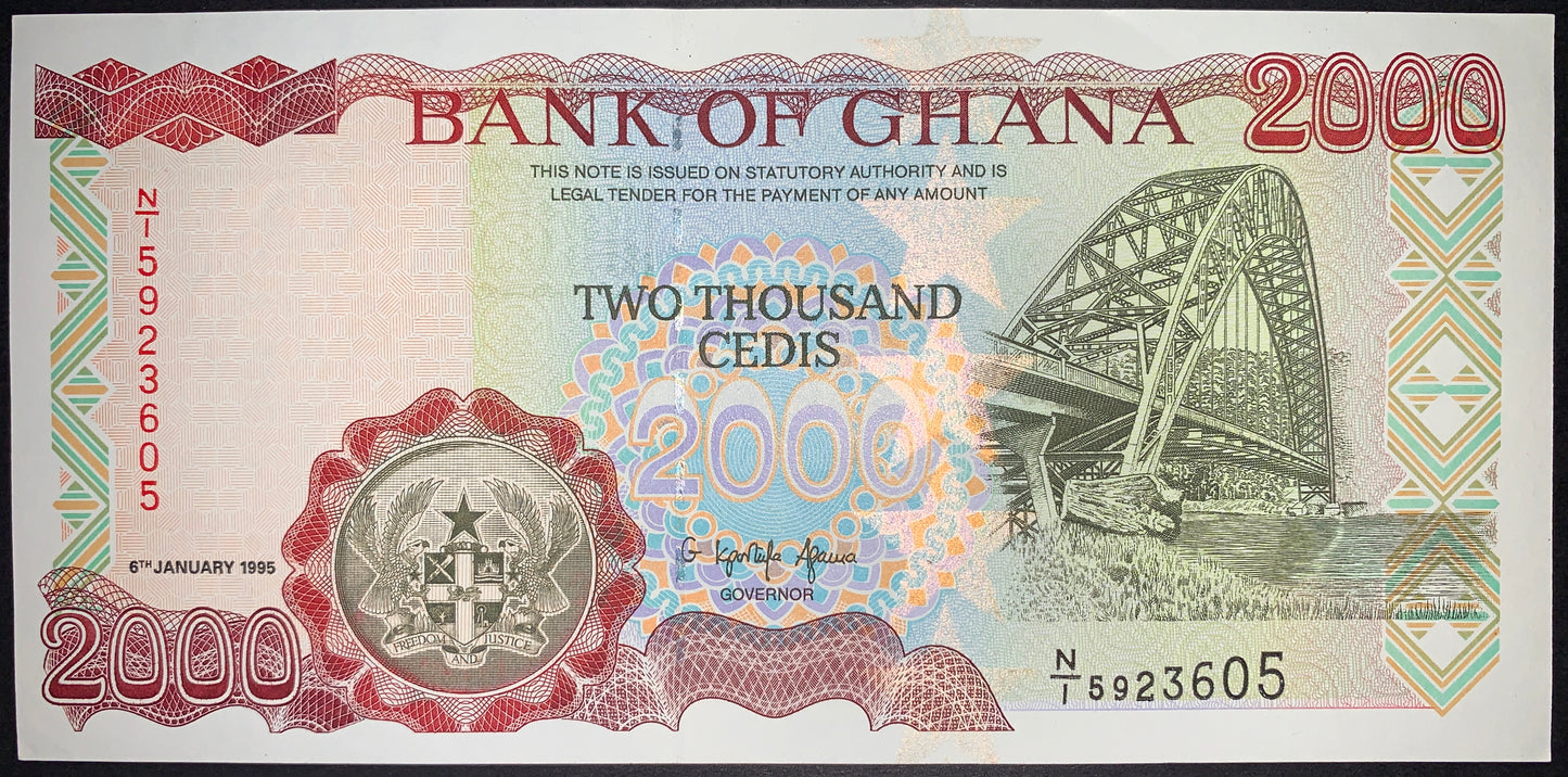 front of Ghana 2000 Cedis 1995 P-30b UNC collectible banknote with bridge
