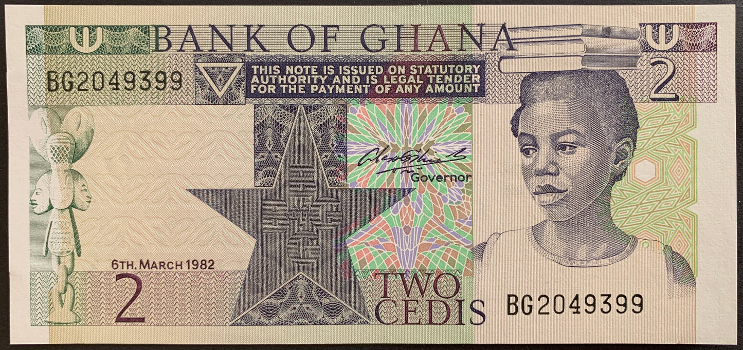 front of Ghana 2 Cedis 1982 P-18d collectible banknote with portrait of schoolgirl and statue