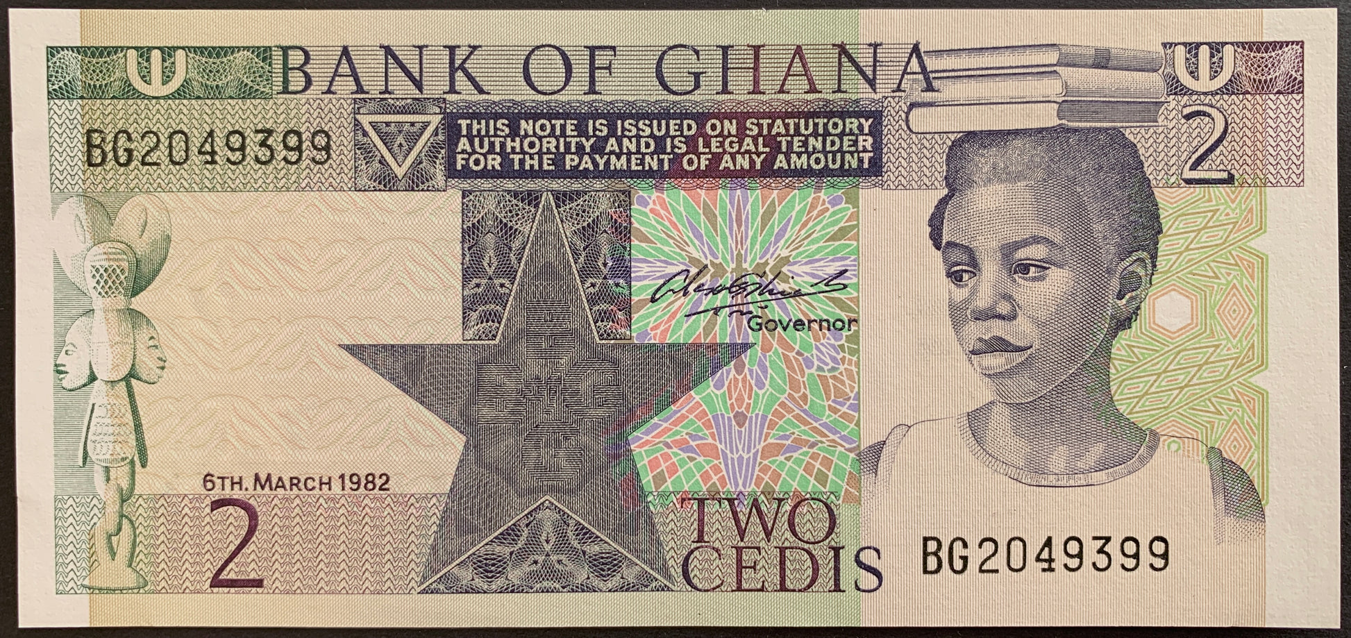 front of Ghana 2 Cedis 1982 P-18d collectible banknote with portrait of schoolgirl and statue