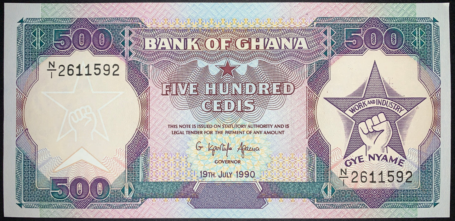 FRONT OF Ghana 500 Cedis 1990 P-28b AUNC COLLECTIBLE VINTAGE BANKNOTE WITH NATIONAL COAT OF ARMS OF GHANA