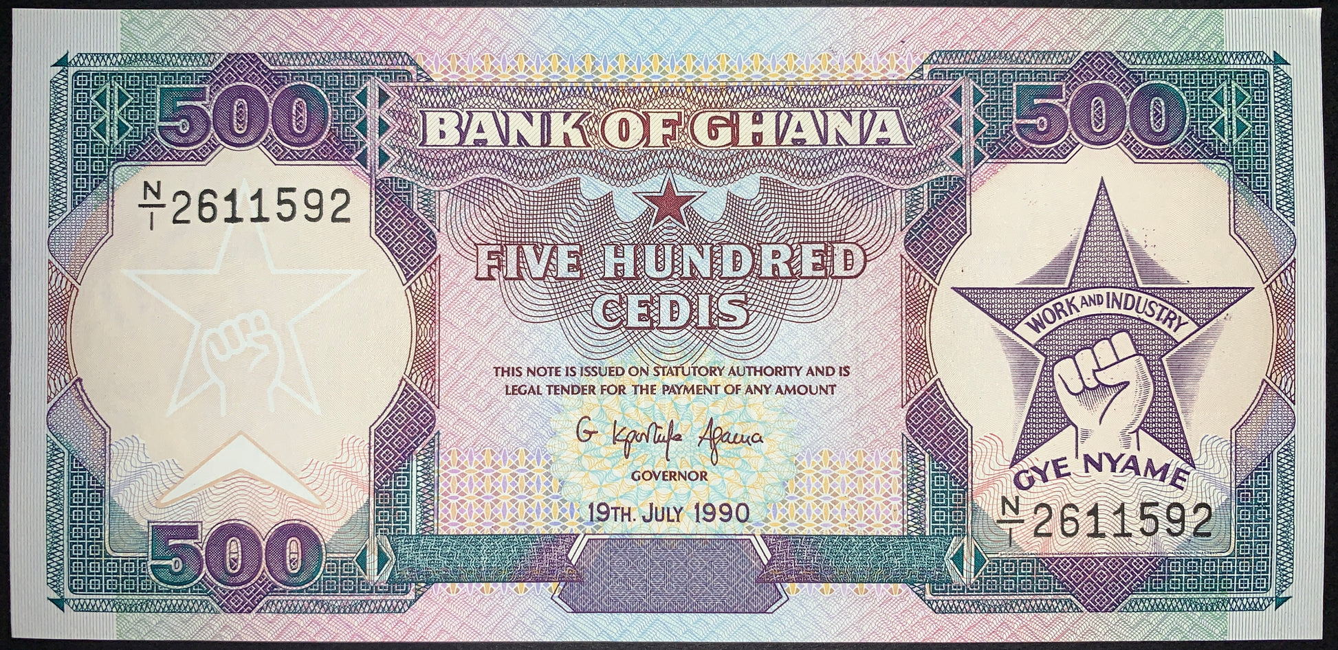 FRONT OF Ghana 500 Cedis 1990 P-28b AUNC COLLECTIBLE VINTAGE BANKNOTE WITH NATIONAL COAT OF ARMS OF GHANA