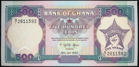 FRONT OF Ghana 500 Cedis 1990 P-28b AUNC COLLECTIBLE VINTAGE BANKNOTE WITH NATIONAL COAT OF ARMS OF GHANA