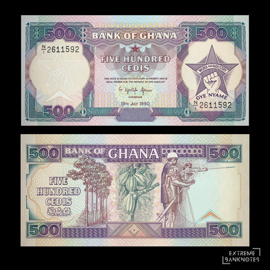 Ghana 500 Cedis 1990 P-28b AUNC – Cocoa, Gold & Strength – front and back