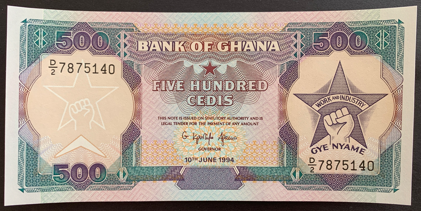 front of Ghana 500 Cedis 1994 P-28c collectible banknote 