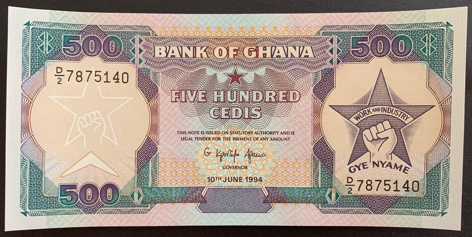 front of Ghana 500 Cedis 1994 P-28c collectible banknote 