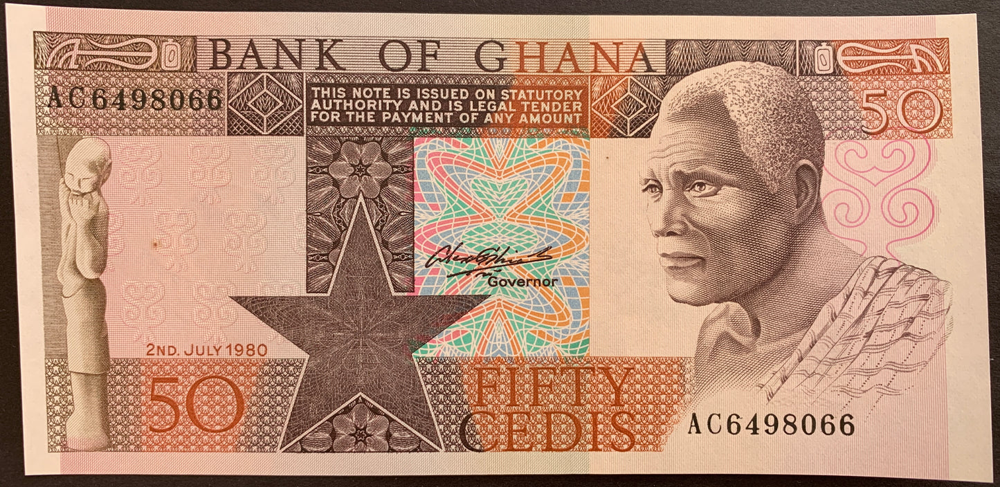 front of Ghana 50 Cedis 1980 P-22b collectible banknote with traditional  statue and portrait of man