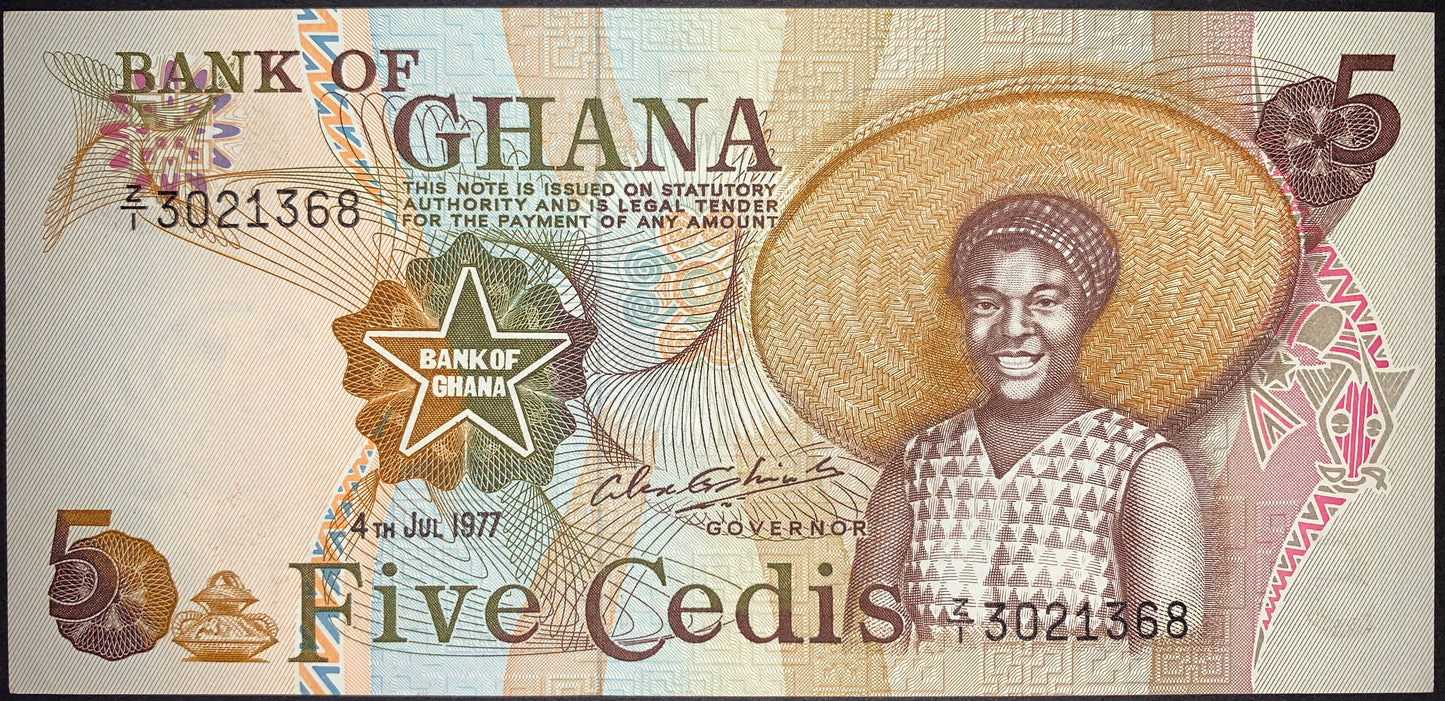front of Ghana 5 Cedis 1977 P-15b collectible vintage african banknote with woman in hat
