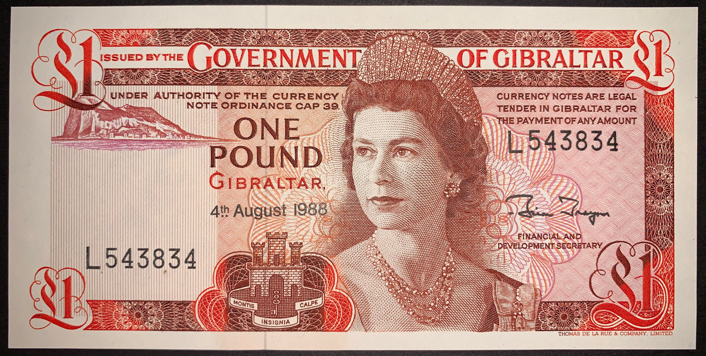 front of Gibraltar 1 Pound 1988 P-20e AUNC collectible vintage banknote with portrait of Queen Elizabeth II