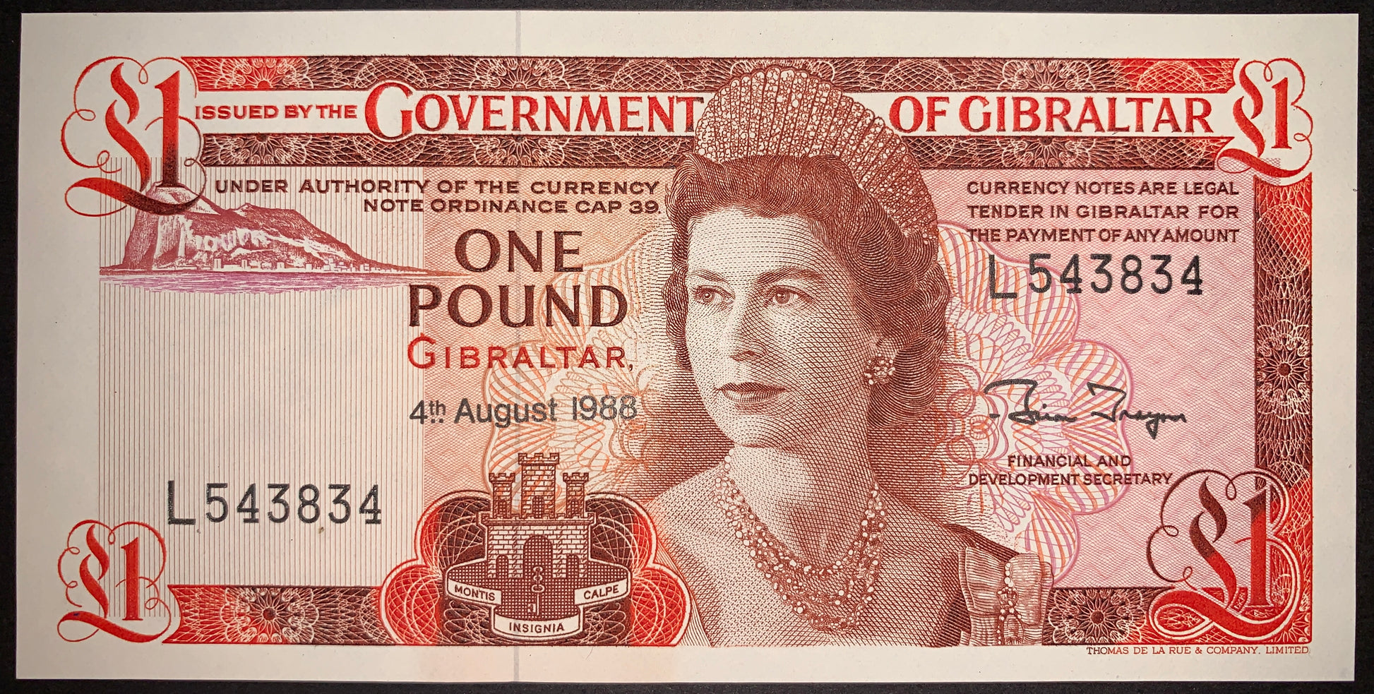 front of Gibraltar 1 Pound 1988 P-20e AUNC collectible vintage banknote with portrait of Queen Elizabeth II
