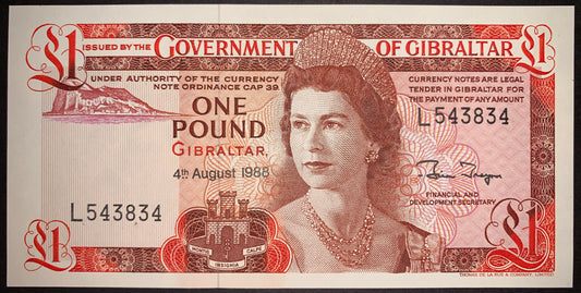 front of Gibraltar 1 Pound 1988 P-20e AUNC collectible vintage banknote with portrait of Queen Elizabeth II