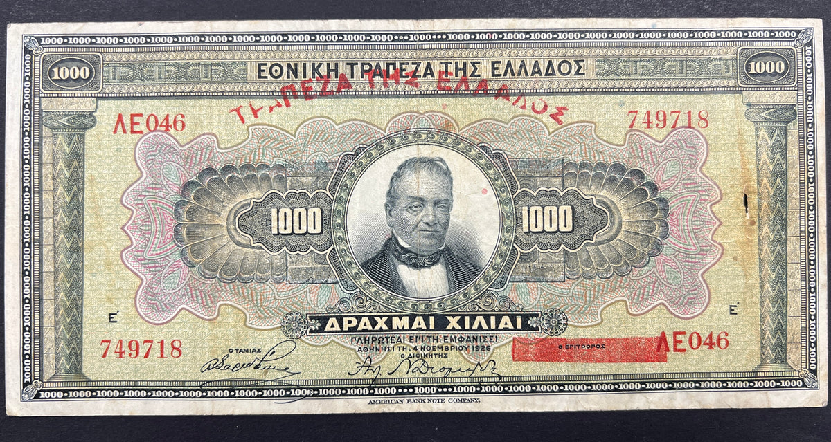 Front view of a circulated 1926 Greece 1000 Drachmai banknote featuring a portrait of Georgios Stavros with a rare red 1928 Bank of Greece overprint.
