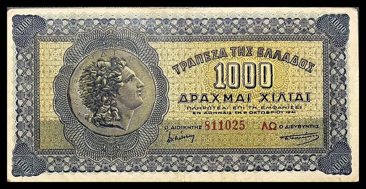 Front view of a circulated 1941 Greece 1000 Drachmai banknote featuring the head of Alexander the Great from an ancient coin.