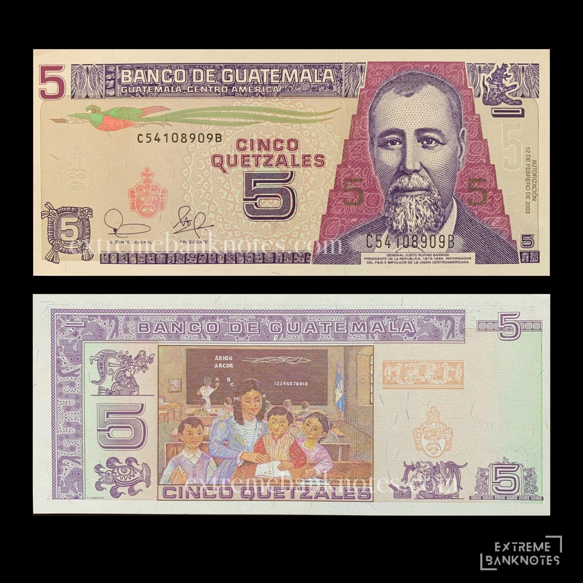 Guatemala 5 Quetzales 2003 P-106a UNC – front and back