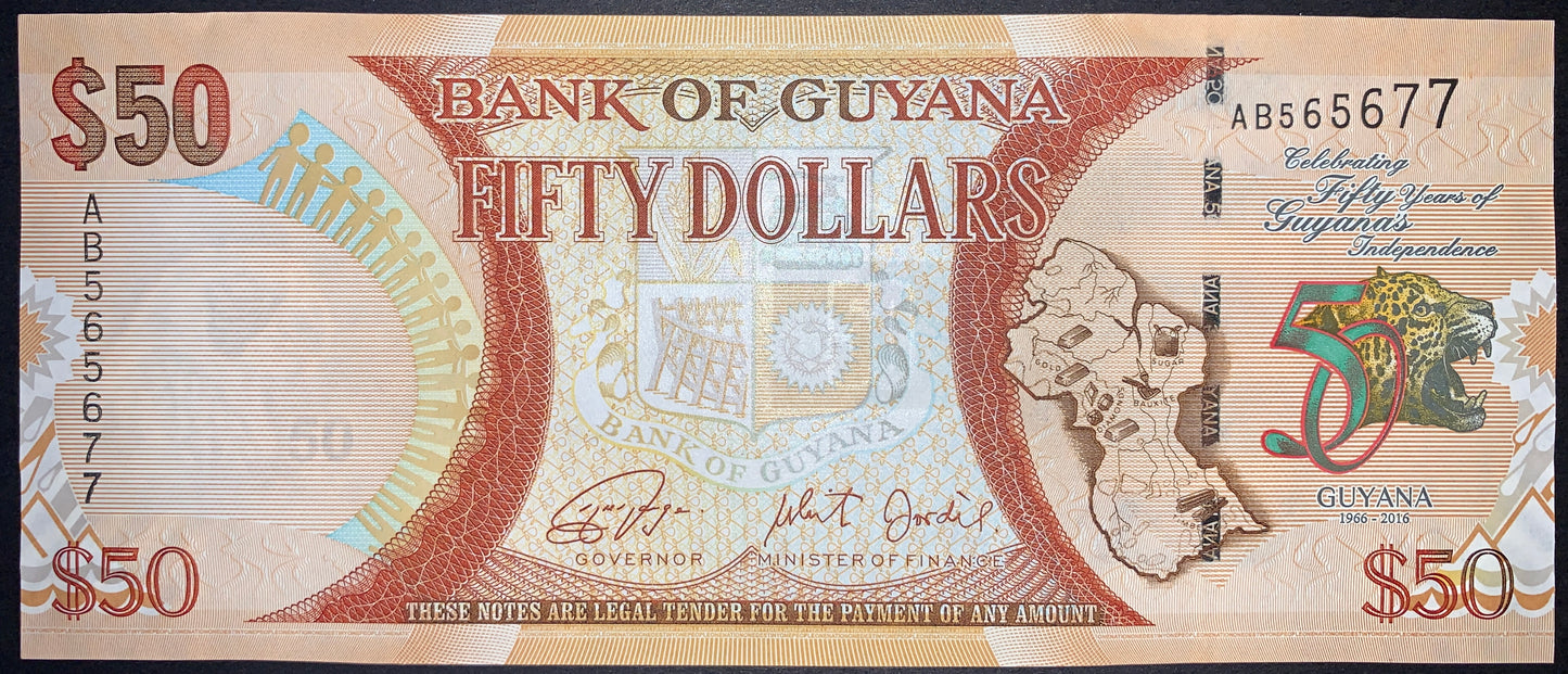 Guyana 50 Dollars 2016 P-41 UNC commemorative banknote obverse featuring the 50th Independence Anniversary logo, "Celebrating 50 Years of Independence" inscription, the Bank of Guyana building, national coat of arms, and map of Guyana.