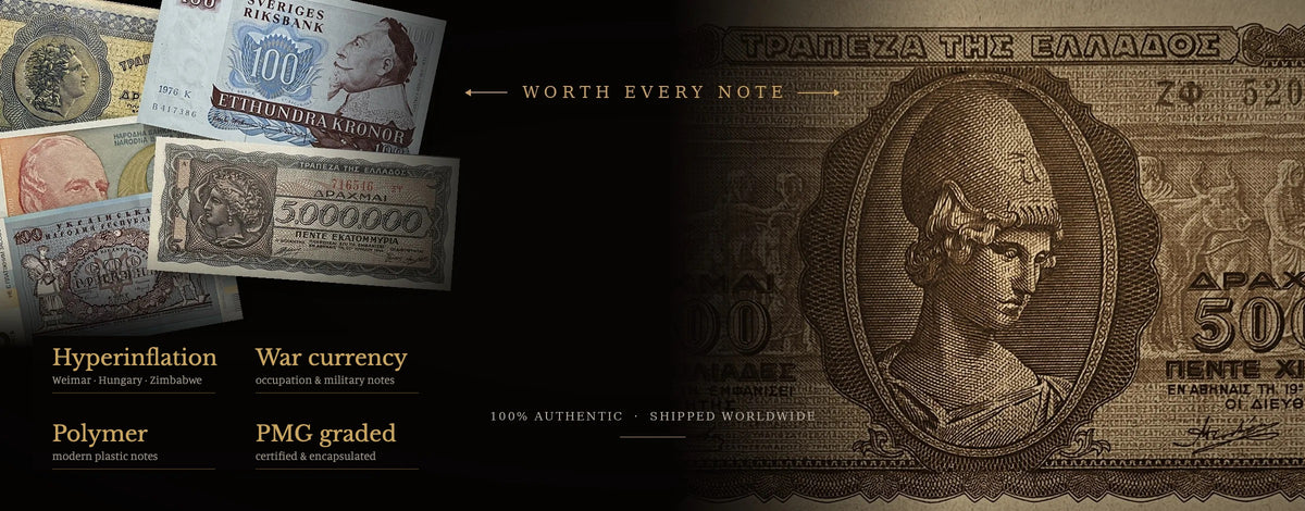 Greek 5000 Drachmai banknote with the goddess Athena beside a fan of collectible world banknotes – Extreme Banknotes specialities: hyperinflation, war currency, polymer and PMG graded notes