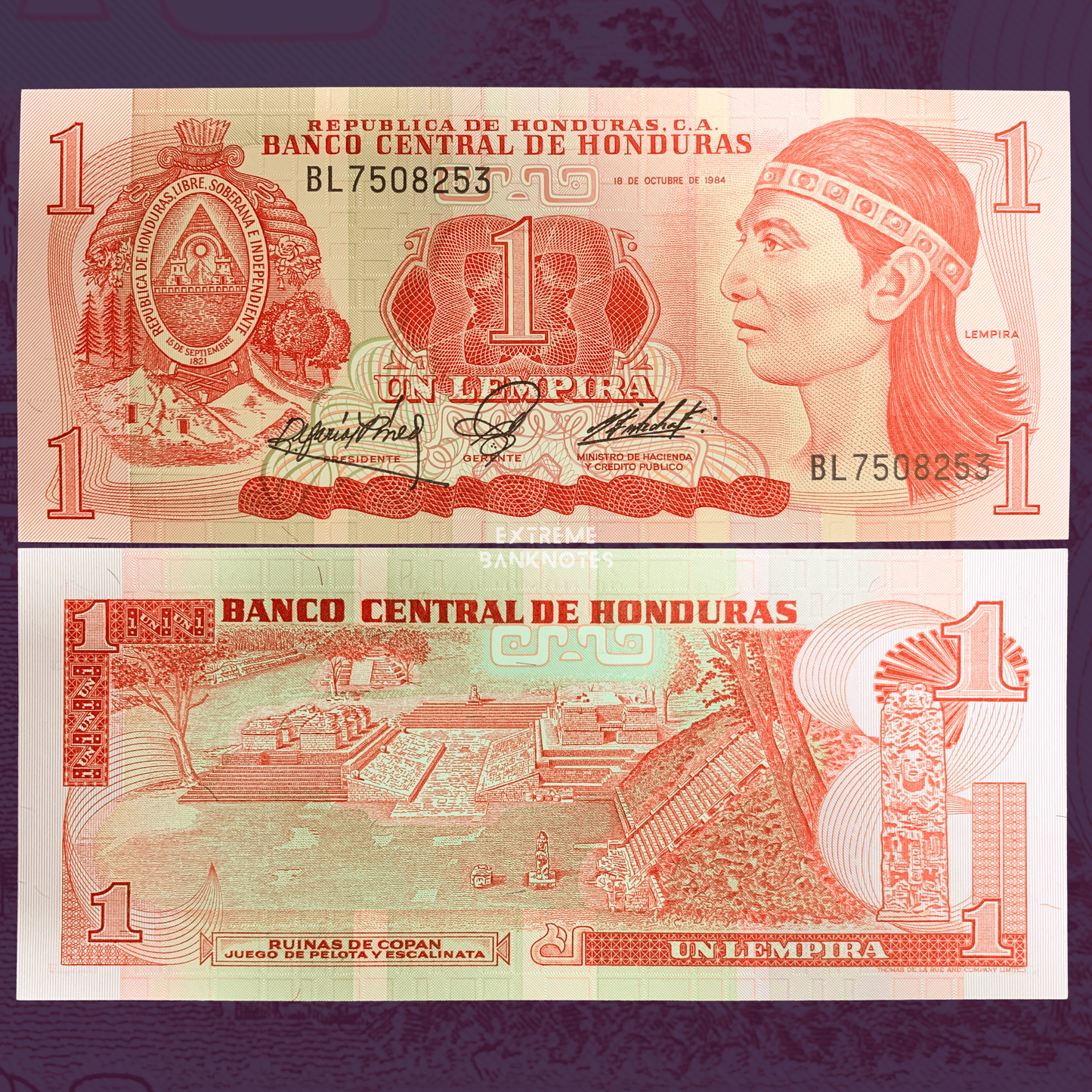 Front and back views of Honduras 1 Lempira banknote P-68b (1984). Obverse shows Lempira portrait, Honduran coat of arms, and red multicolor design. Reverse depicts the ancient Copán ruins, ball court, ceremonial stairway, and Mayan monument.
