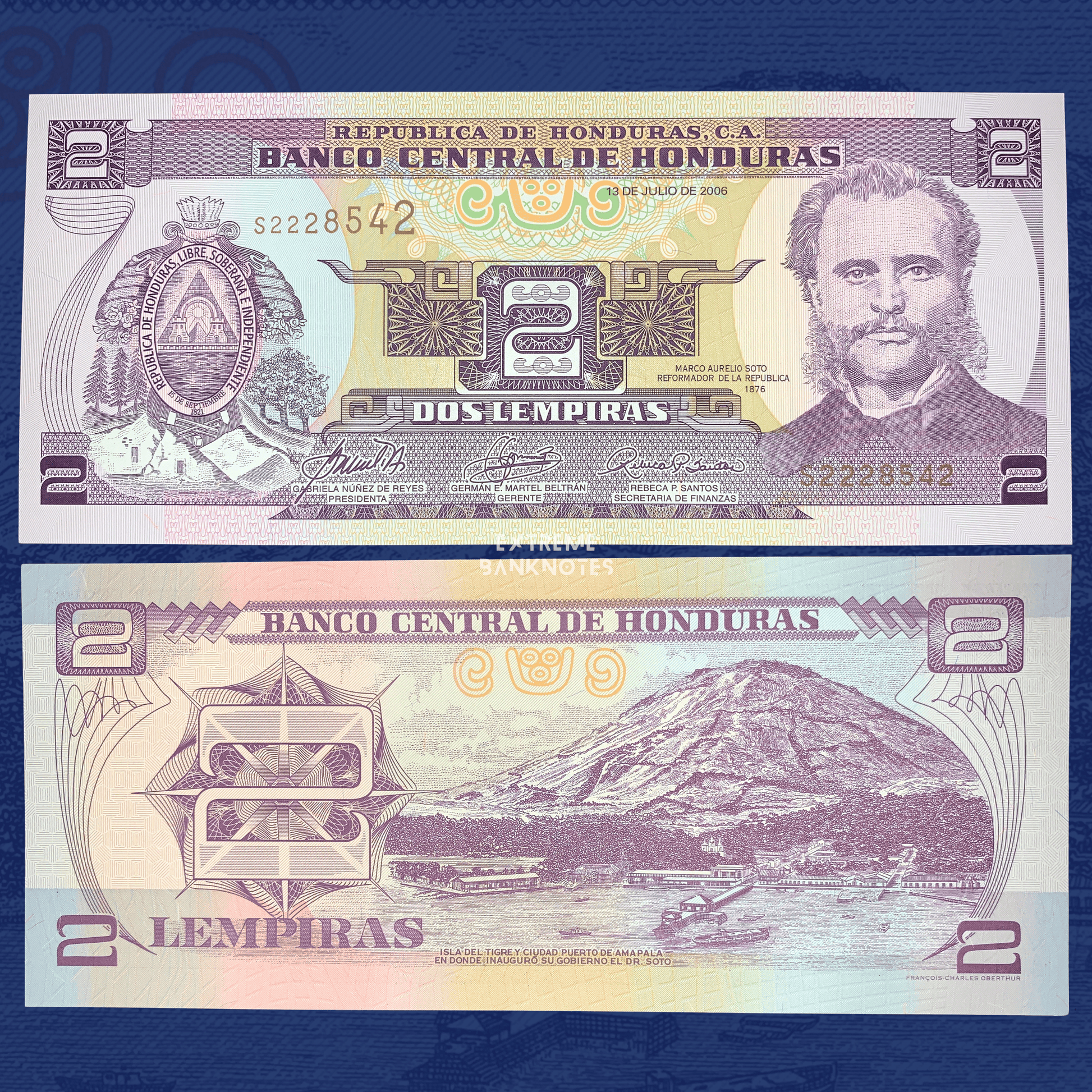 Authentic Honduras 2 Lempiras banknote dated 13 July 2006, Pick P-80Af. Obverse features President Marco Aurelio Soto and the national coat of arms, while the reverse depicts Isla del Tigre and the port city of Amapala. Front and back views of the uncirculated collectible banknote.