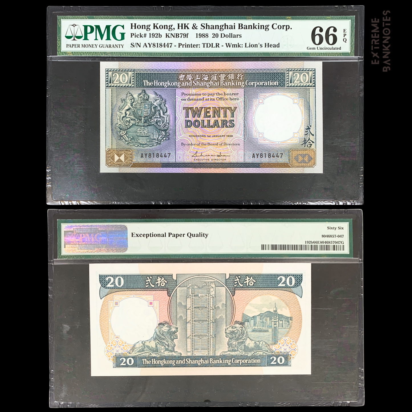 front and back of Hong Kong 20 Dollars 1988 HSBC P-192b PMG 66 EPQ Gem Uncirculated Collectible Graded Banknote