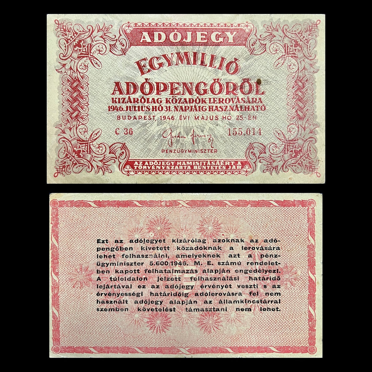 Hungary 1,000,000 Adópengő 1946 P-140 F-VF tax note – front with the red Adójegy Egymillió Adópengőről text, back with the terms of use